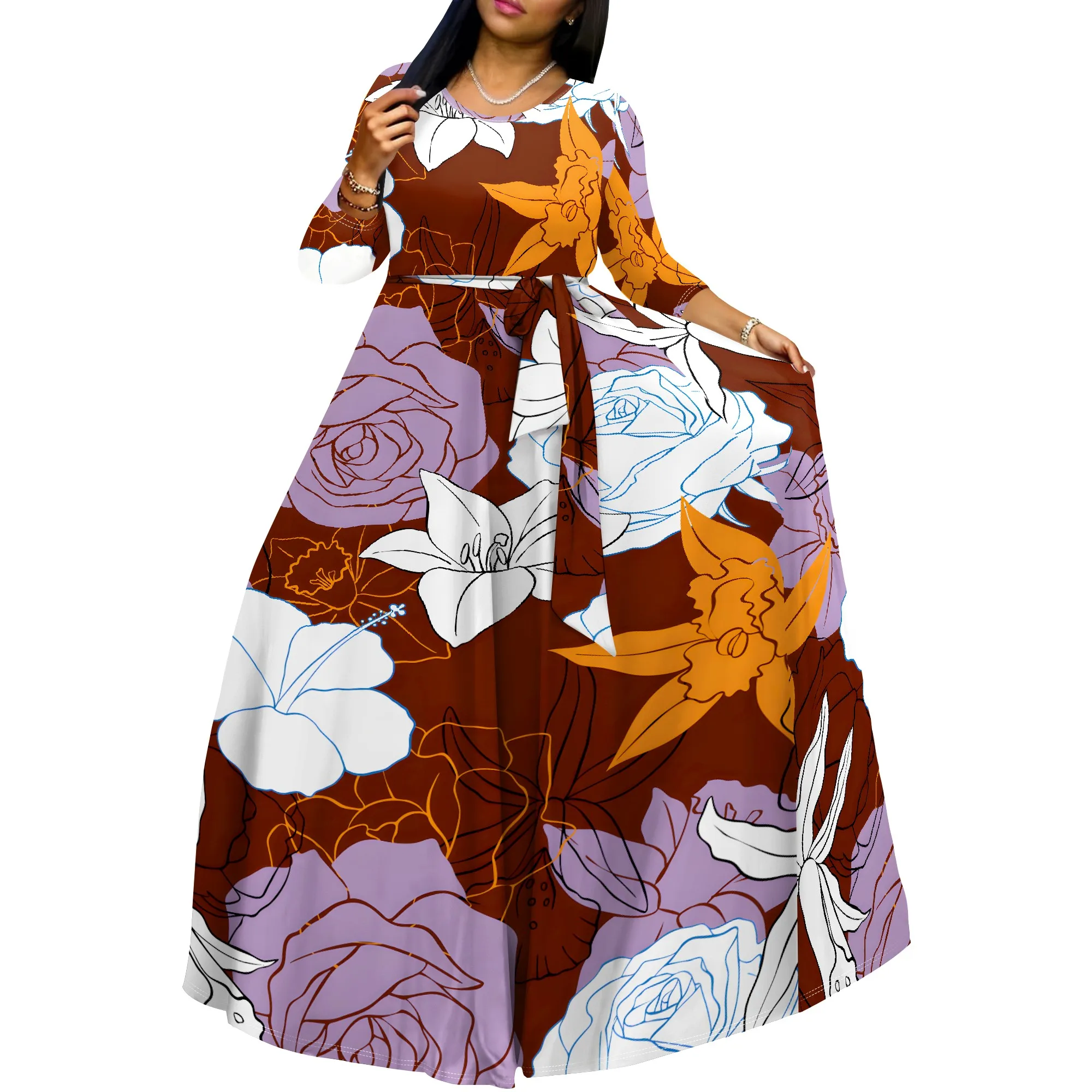 Langes Kleid für Damen, Sommer, Herbst, 3/4-Ärmel, V-Ausschnitt, 3D-gedruckter Prinzessinnenrock mit Taschen und Taillengürtel – Detail 2