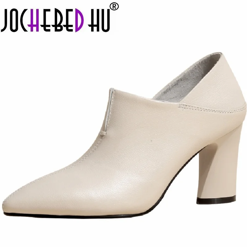 

【JOCHEBED HU】Fashion High Heel For Women Stable Chunky Heel Pointed Toe Deep Mouth Shoes Spring/Autumn Party Slingbacks Solid