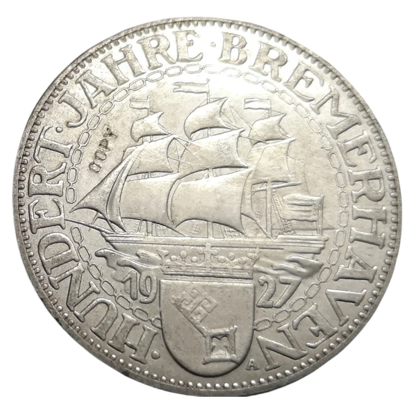 1927 Germania-1871-1948 5 Reichsmark Bremerhaven Argento Placcato Copia Moneta Rara