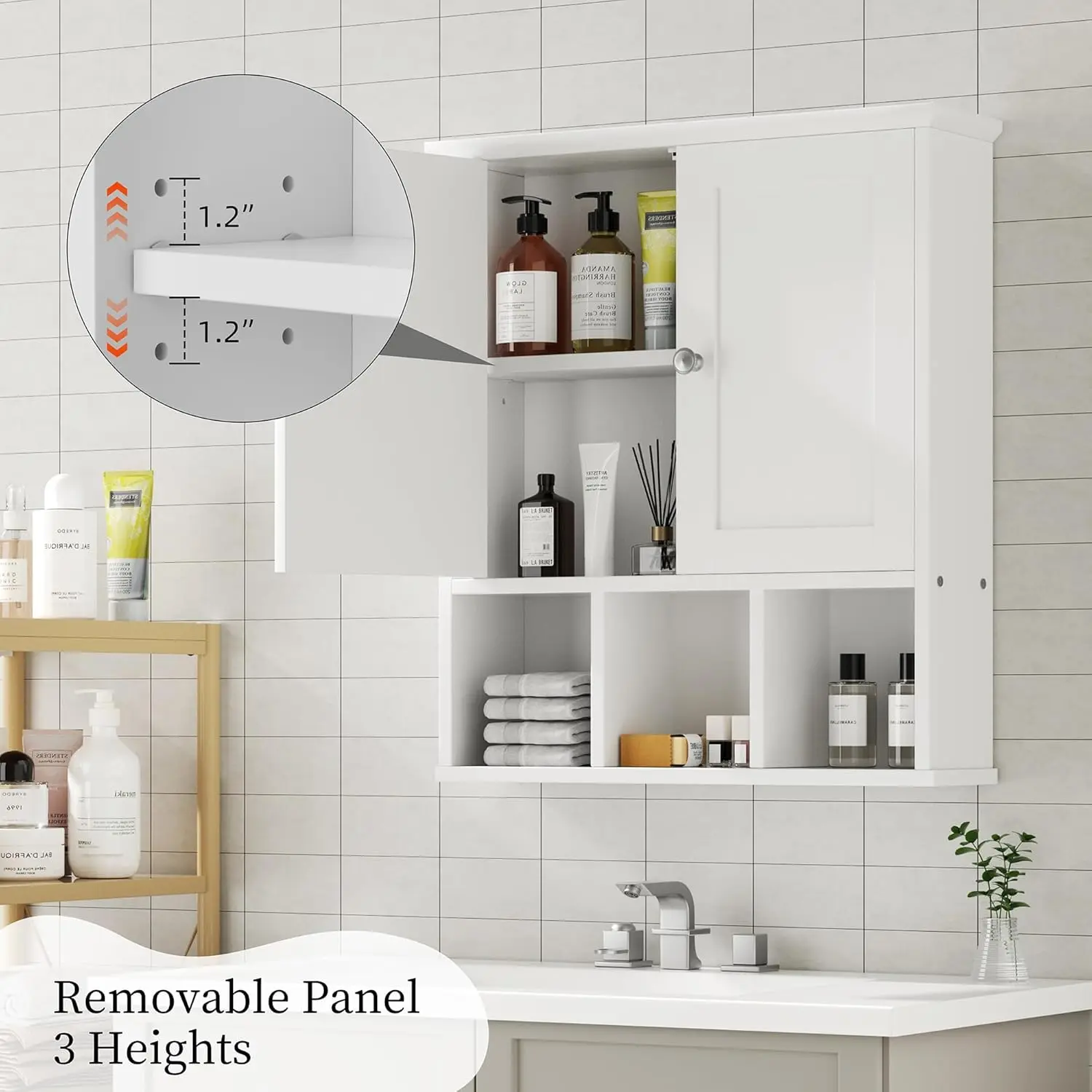 Bathroom Wall Cabinet with Door, Storage Organizer Over The Toilet Medicine, Space Saving with Adjustable & Open Shelf