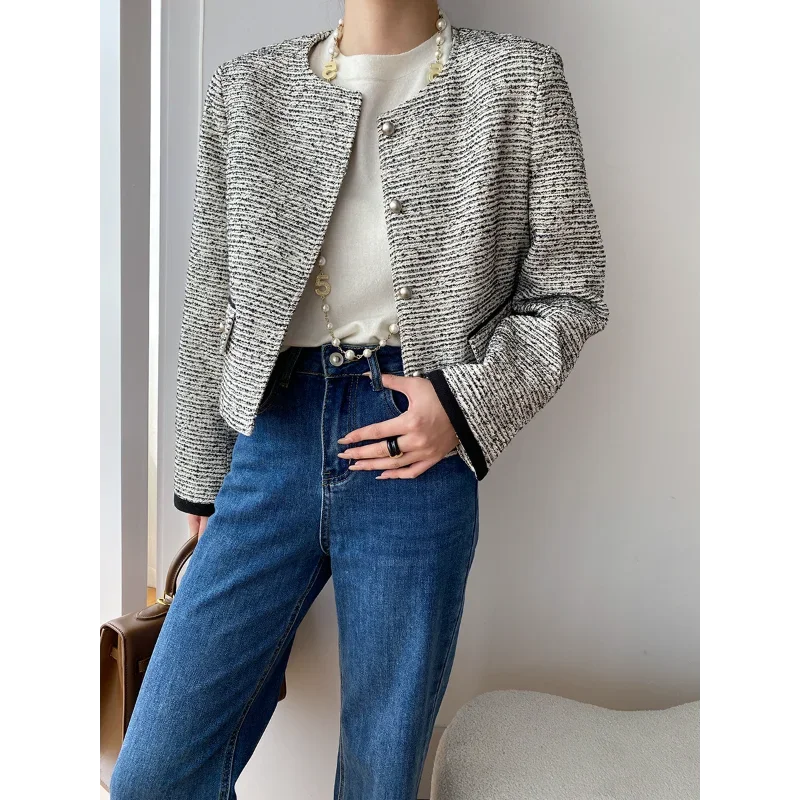 

Women Korea Casual Chic Fragrance Short Jackets French O Neck Long Sleeve Simple Basic Office Classic Tweed Coat Autumn 1660