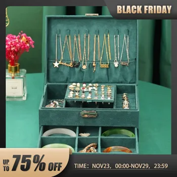 1pcs Double Storage Box For Men And Women Luxury Vintage Style Jewelry Space Large Capacity Fine Soft Dark Green Velvet Quality