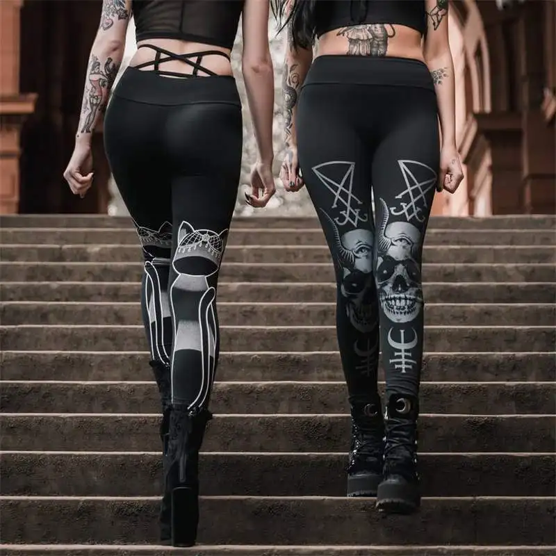 [You\'re My Secret] 2023 New Gothic Leggings for Women Ouija Workout Pants  Dark Grunge Cat Skull Leggings Sexy Black Leggings