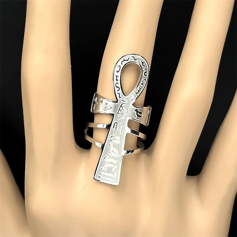 Egyptian Ankh Cross Key Of Life Adjustable Open Rings for Women Men Stainless Steel Mythology Animal Rune Finger Ring Jewelry - Image 4