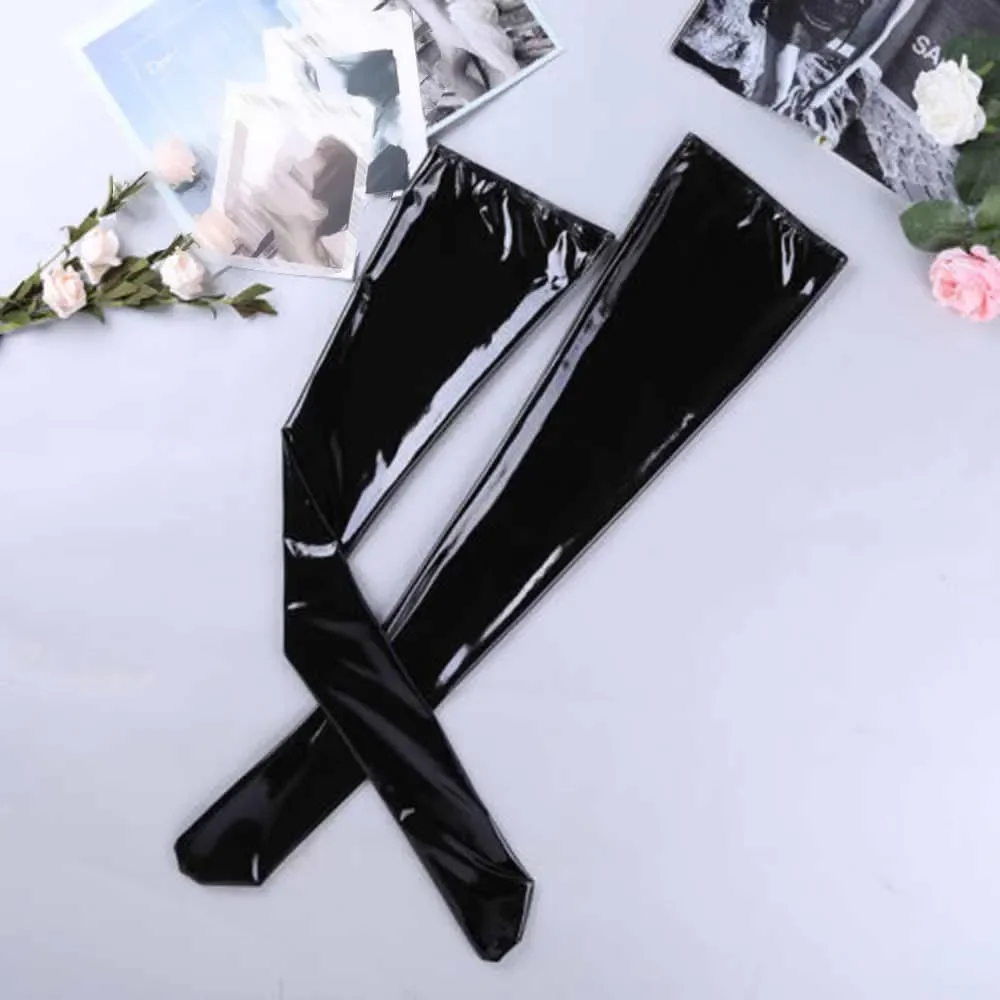 Wet Look Latex Leather Thigh High Footed Stockings, Men's Tights Socks Clubwear, Black PU Material, Protects and Enhances Legs