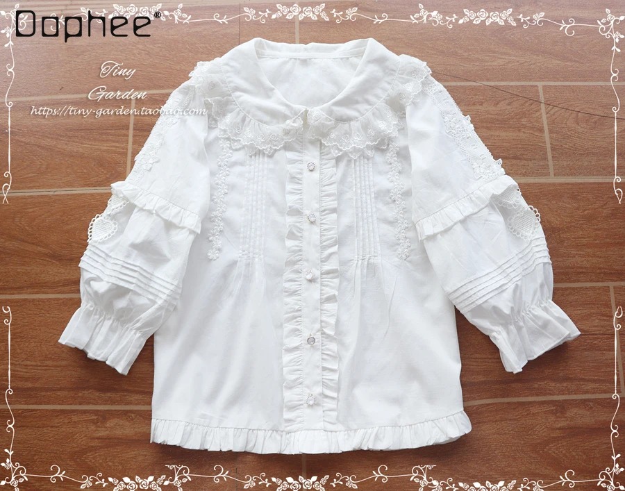 

Cute Neckline Double Layer Lace Shirts for Women Lolita Style Elegant Sweet Cotton Short Sleeve Half Sleeve Bottoming Shirt 2024