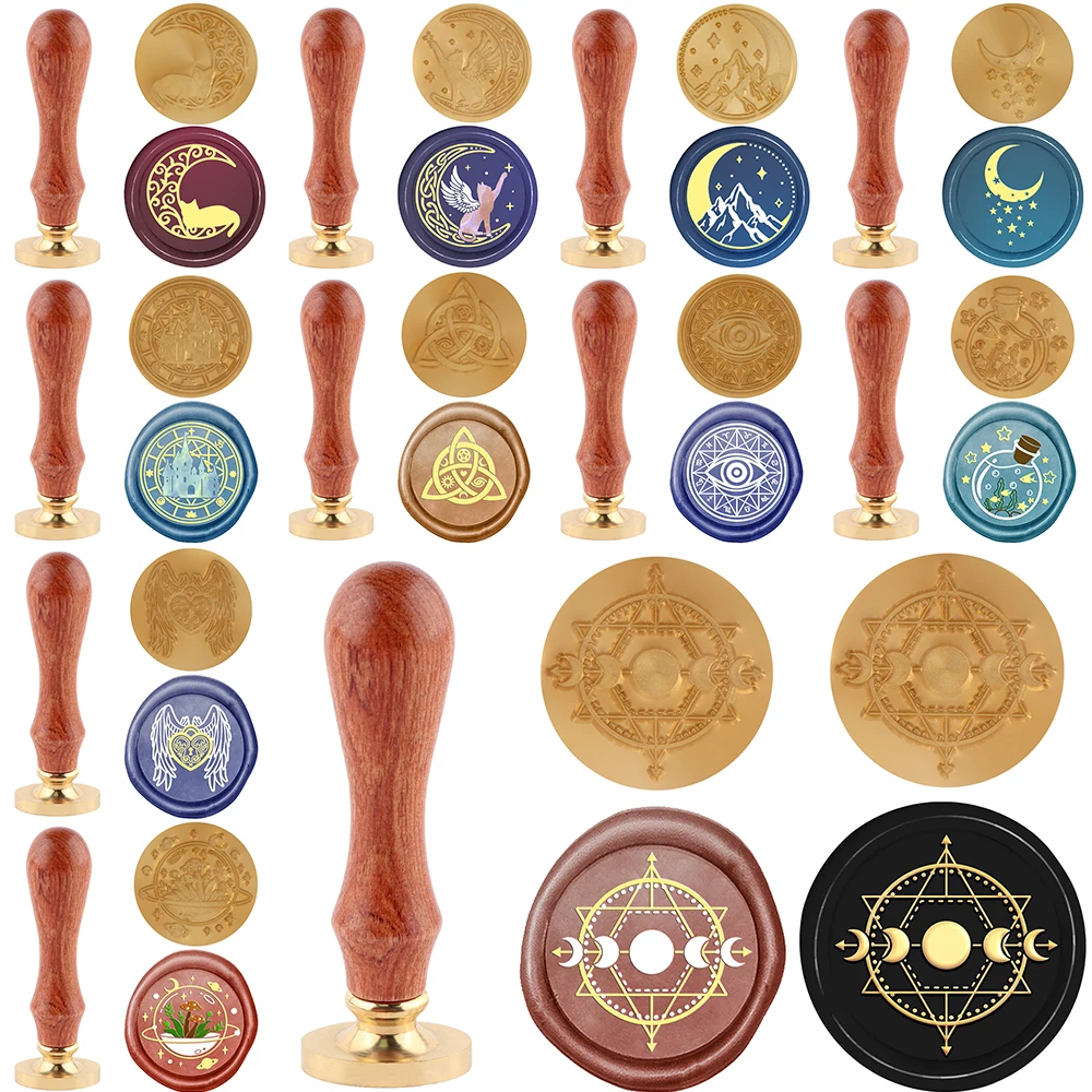 

Wax Seal Stamps and Wooden Handle Set Cat with Light Moon Scene Abstract Strips Design for DIY Festive Gift Card Making 2024