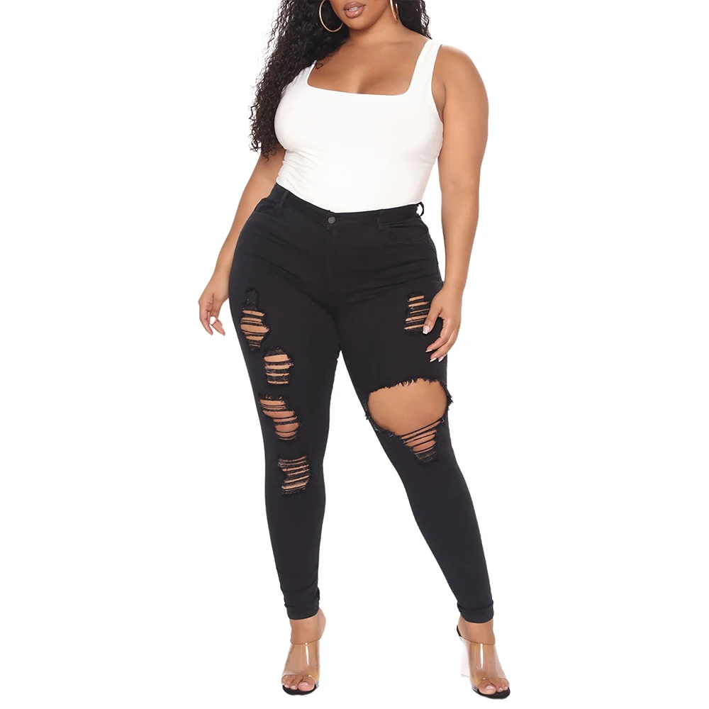 

Women's Plus Size Black Ripped Hole Jeans Large Size High Waisted Skinny Destroyed Denim Pants Long Stretch Ankle Pencil Jeans