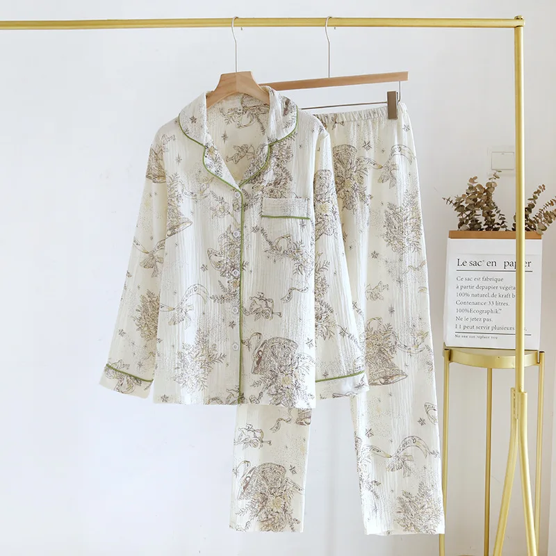 2024 Japanese New Spring/Summer Women's Pajama Set 100% Cotton Crepe Home Furnishings Flip Collar Printed Long Sleeve Set Ladies