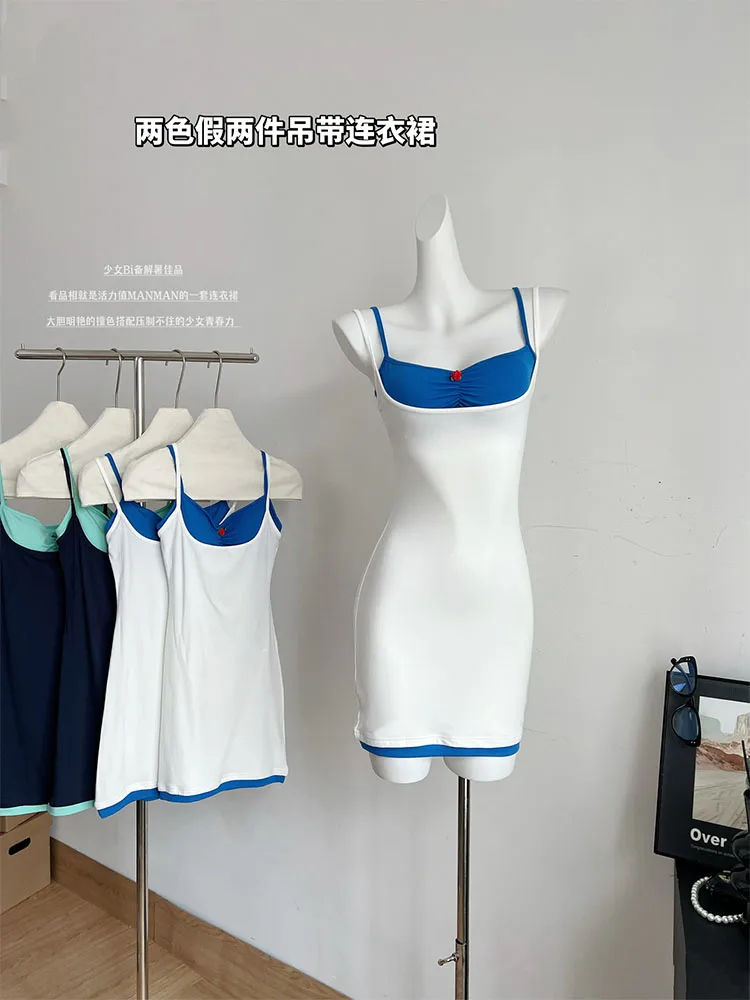 

American Style Fashion New Design Fake Two Pieces Spaghetti Strap Dress Summer Women Sexy Slim With Chest Pads One-Piece Frocks