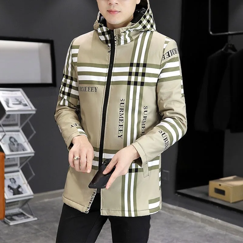 Spring and Autumn New Fashion Checkered Long Hooded Trench Coat Men's Casual Loose Comfortable Windproof Large Size Coat