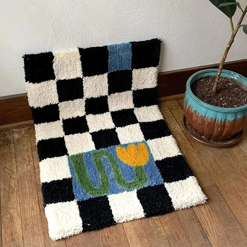 

French retro carpet living room checkerboard coffee table blanket bedroom ins wind black and white lattice non-slip mat