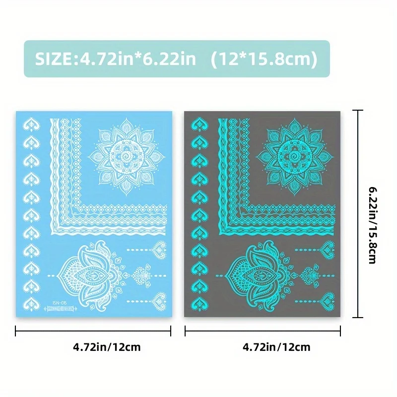 Blue Luminous Henna Tattoo Sticker Girls Tribal White Lace Lotus Tattoos Mandala Flower Fake Jewelry Pendant Temporary Tattoo 6