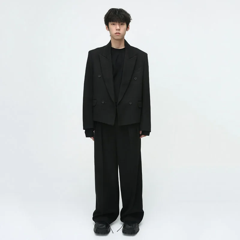 

SYUHGFA 2024 Elegant Suits For Men Fashion Korean Style Simple Shoulder Pad Suit Set Trend Male Woolen Blazers Loose Suit Pant