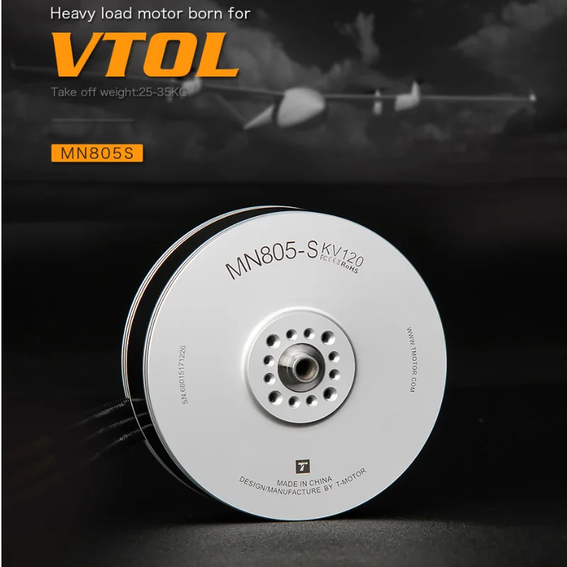 Moteur brushless T-Motor MN805S Navigator posé sur fond blanc, prêt pour montage sur drone VTOL.