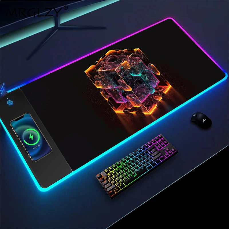 

Xxl Mouse Pad Abstraction Glow Cube Wireless Charging Mouse for Computer Carpet Rug Table for Pc Mousepad Gamer 900x400 Desk Pad