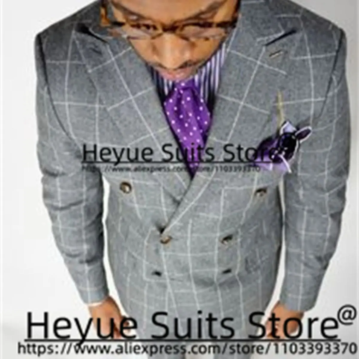 Business Gray Plaid Wedding Suits For Men Double-breasted Slim Peak Lapel Groom Formal Tuxedos Custome 2 Pcs Sets Costume Homme