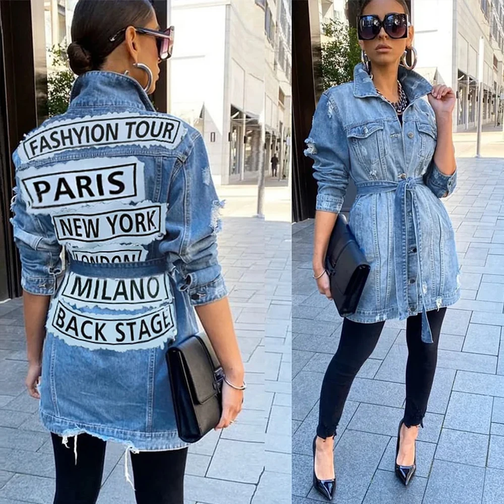 

NEW Casual Blue Turndown Collar Letter Print coat with Belt