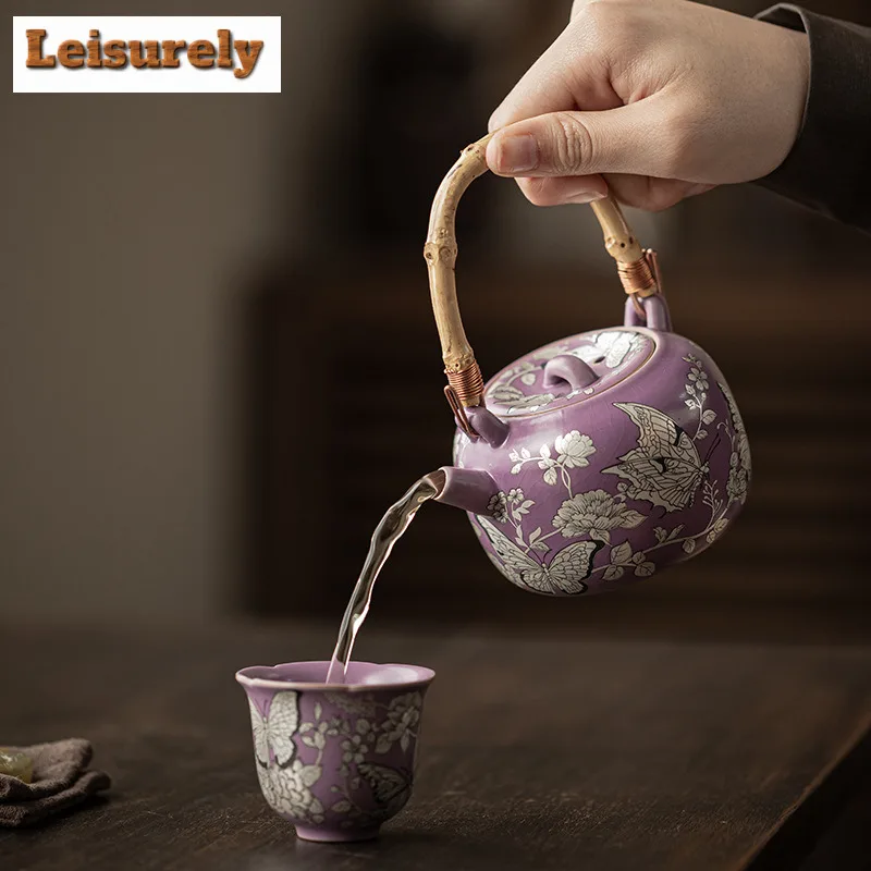 210ML Gilt Silver Butterfly Flower Lifting Handle Teapot Elegant Tea Infuser Pot Tea Making Kettle With Ball Hole Teaware Craft