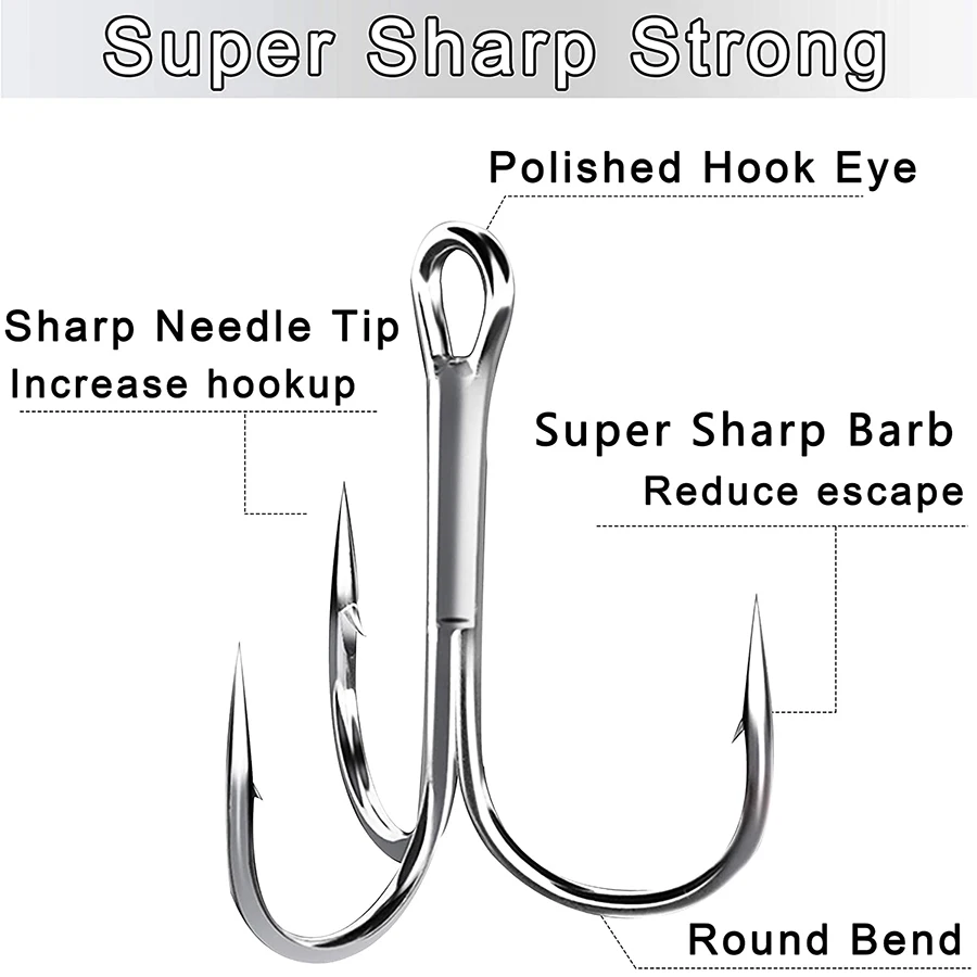 Treble Fishing Hooks 50Pcs/box Sharp Round Bend Treble Hooks High Carbon  Steel Barbed Fish Hook for Fishing Lures Baits