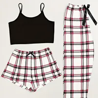 3Pcs Women's Pajama Set Camisole Shorts Trousers Three-Piece Bow Tie Home Wear Set Plaid Print Sleepwear for Women Christmas pjs - Image 6