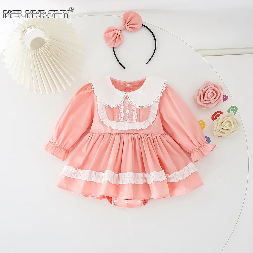 

2024 Spring New in Infant Baby Girls Cute Clothes Kids Peter Pan Collar Lace Ruched Jumpsuits Newborn Bodysuits+headbands 0-24M