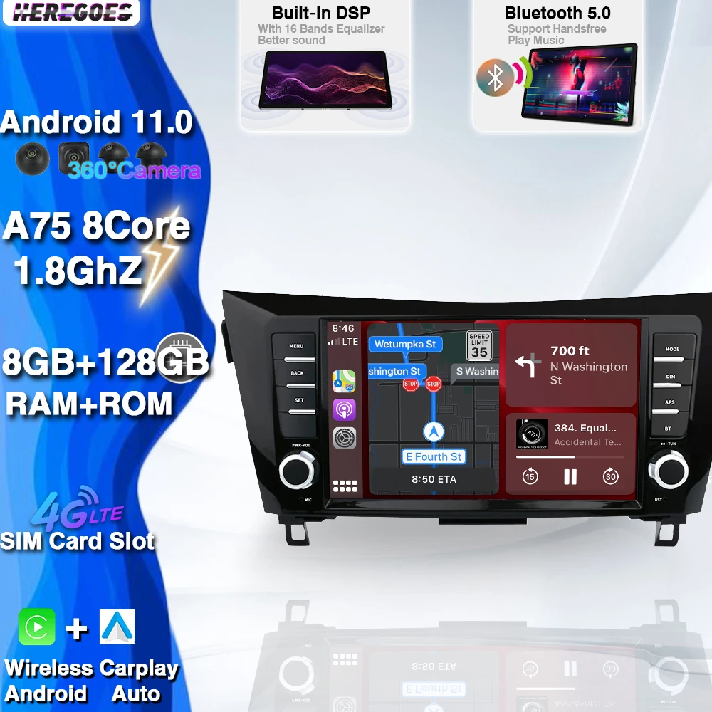 Carplay DSP 2Din Android 11.0 Car DVD Player For Nissan X-Trail J11 Qashqai 2014 - 2020 Navigation GPS Radio Stereo Wifi 8G+128G |