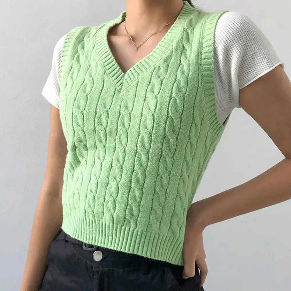 

Spring Fall Knit Vest Soft V-neck Pullovers Solid Color Sweater Basic Woman Knitwears Top Korean Sleeveless