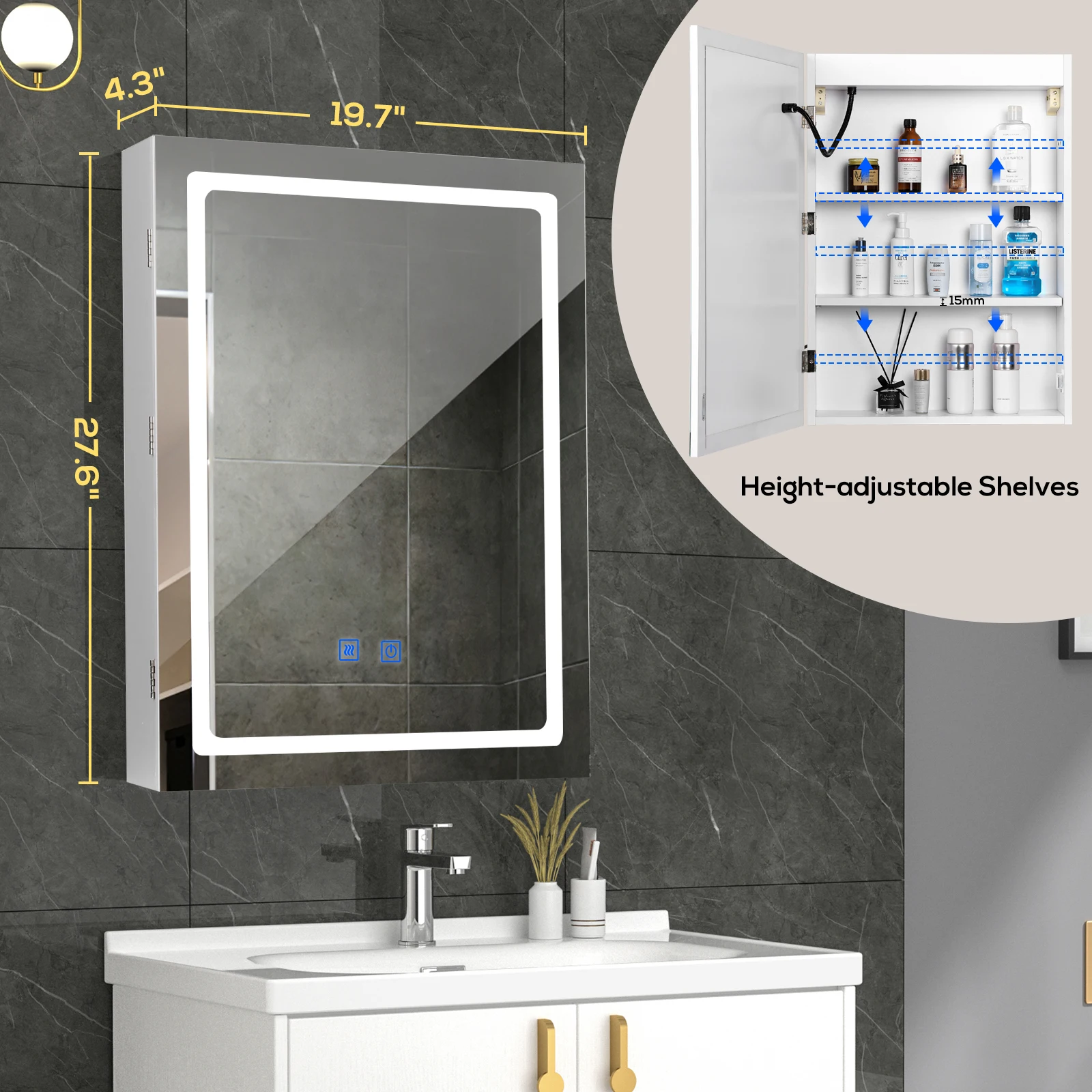 VOWNER Bathroom Medicine Cabinet with LED Lights and Mirror, with Adjustable Shelf, Defogger, Memory 3-Color Mode, Dimmer