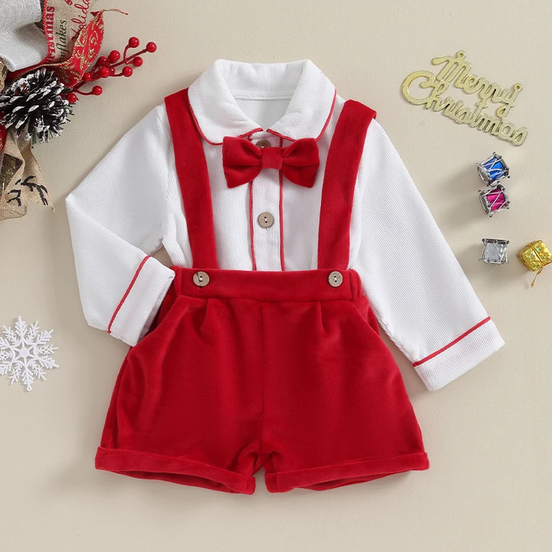 LuLu BeBe Boys Red Christmas Pants Set - Holly Embroidery on White Square Collar main image 1