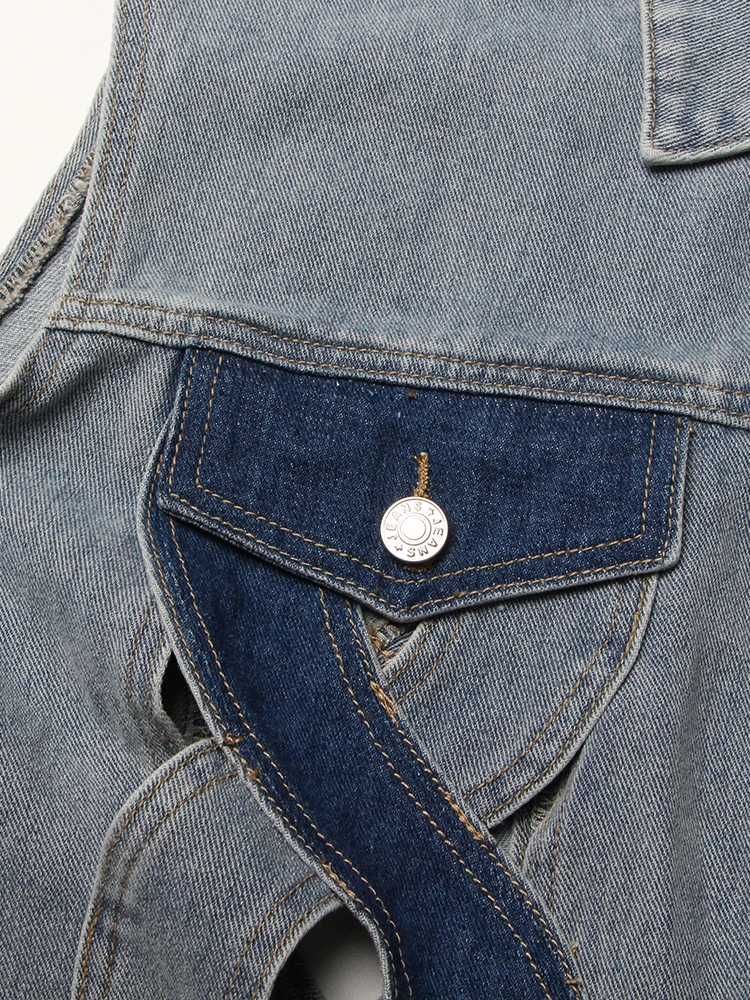 Colorblock 여성용 할로우 아웃 캐주얼 데님 조끼, 옷깃 민소매 스플라이싱 싱글 브레스트 스트릿웨어