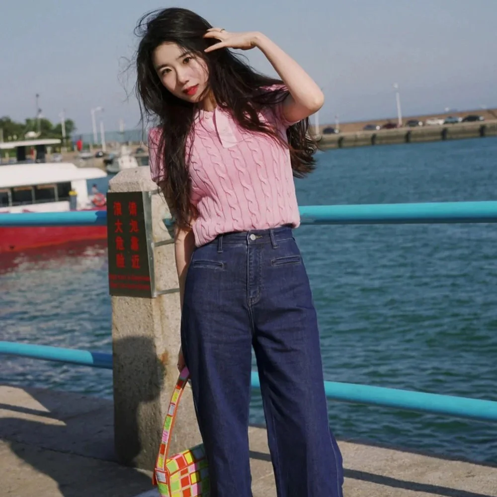 여성용 반팔 니트 풀오버, 네이비 스웨터, 캐주얼 점퍼, 턴 다운 넥, 용수철, 여름, 신상, 2021
