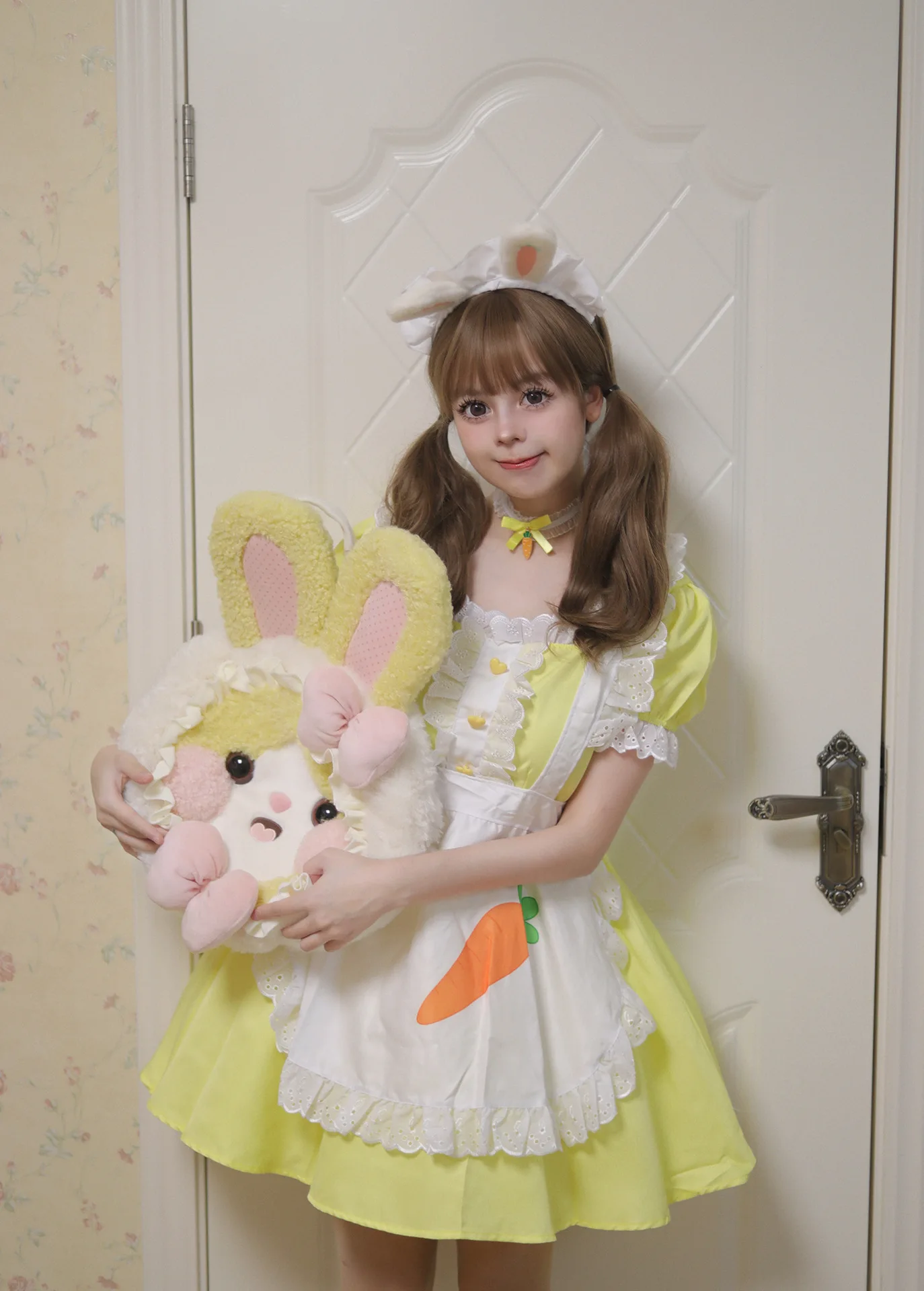 Cosplay Maid Kleid Gelb mit Schürze Anime Lolita Kostüm Damen 5