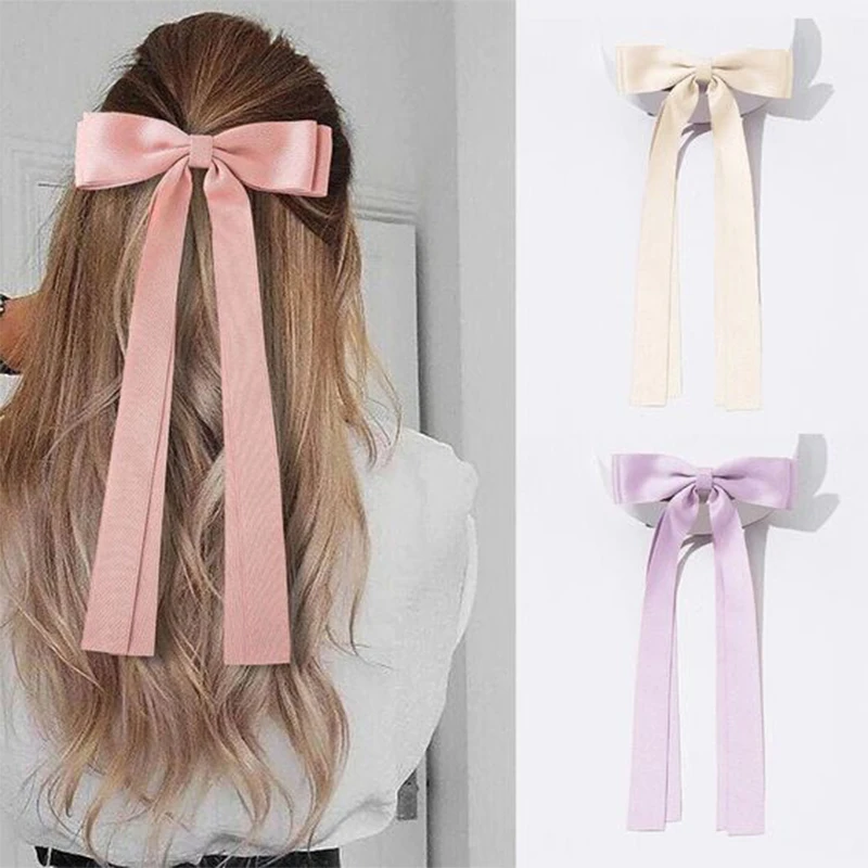 Purggy 6 Pcs Hair Bow Clips for Girls Bow Hair Clips for Women Hair Ribbon Hair Bows with Long Tail, Bowknot Tassel Claw Hair