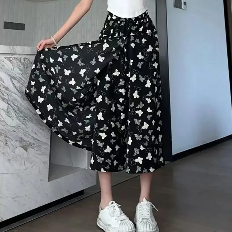 Vintage Tie Dye Wide Leg Pants Skirts Summer High Waist Elastic Female Ink Painting Stylish Asymmetrical Patchwork Cropped Pants