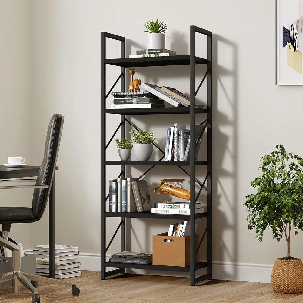 5 Tier Bookshelf Modern Bookcase Open Storage Rack Organizer Artsy Design Durable Metal Frame Anti-Tip Easy Assembly Multi-Zone 5