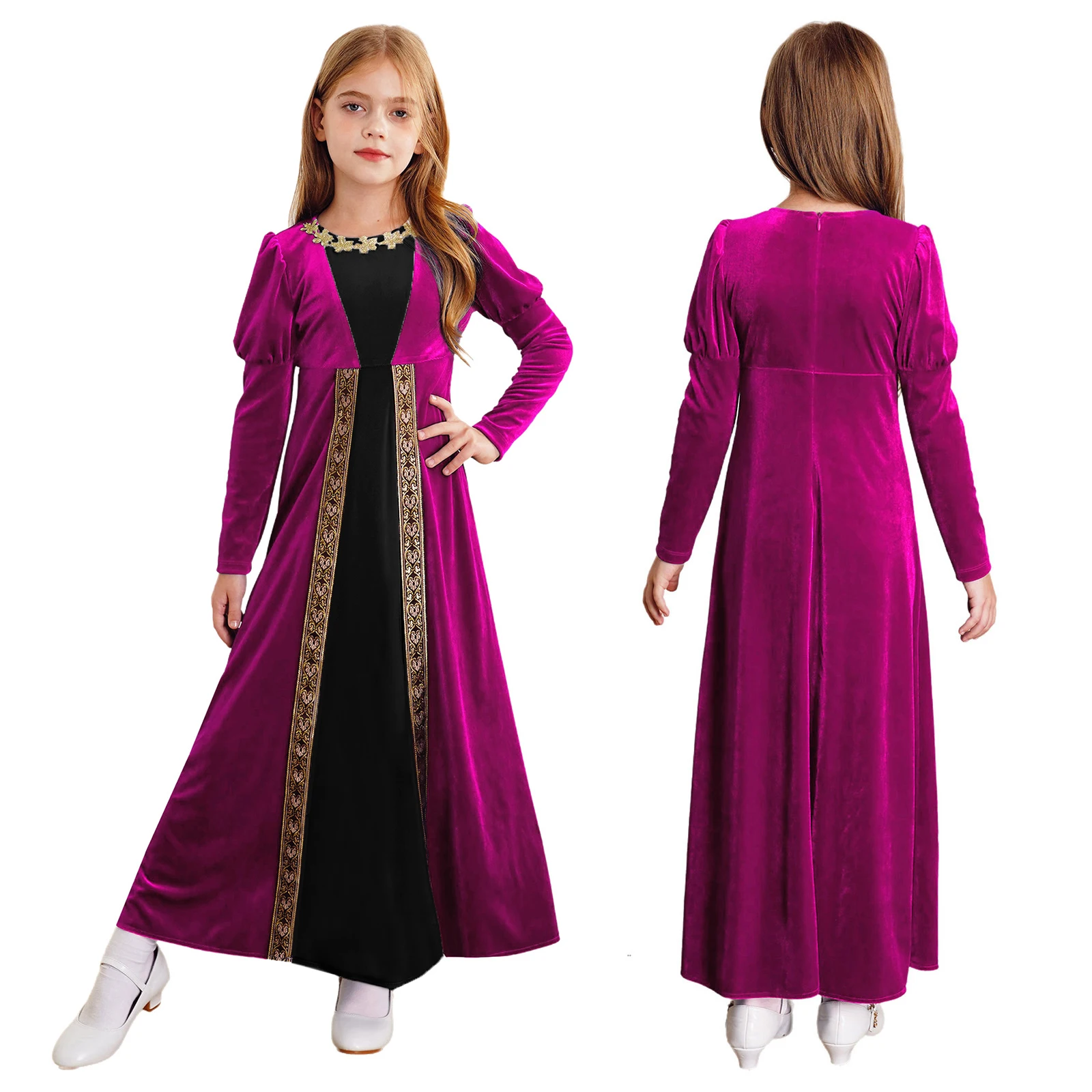 thumbnail image 1 of Vestido de Cosplay Medieval renacentista para niñas, disfraz de manga larga con flores doradas, vestido de princesa Retro, disfraz romano antiguo, 1 of 5