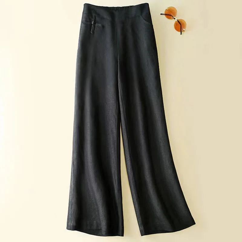 Linen  Straight  Elastic Waist  Solid  Button Decoration  Show Thin  Wide-legged Pants slacks Pants & Capris