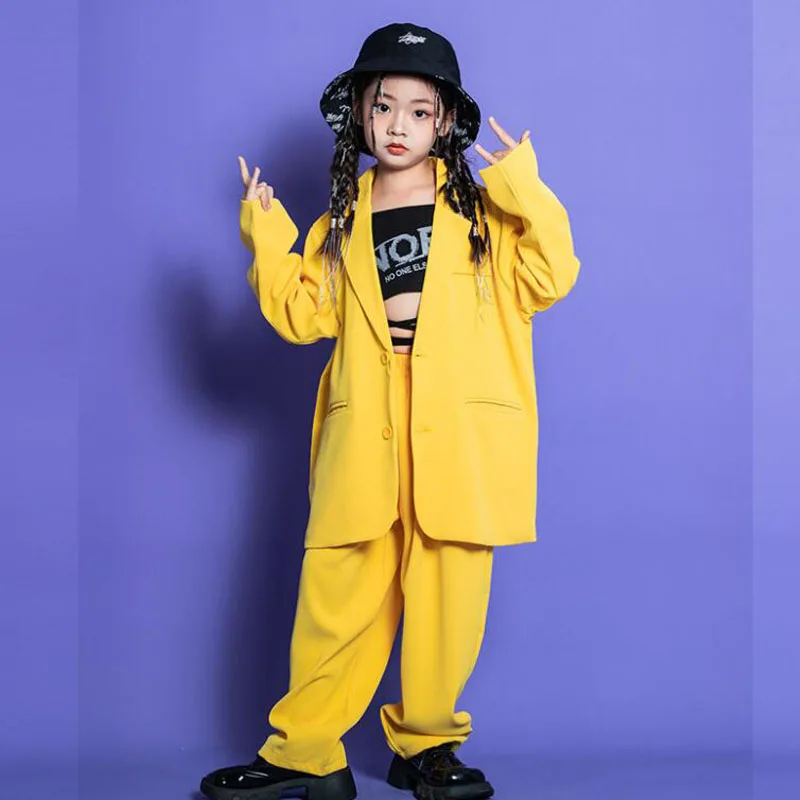 

Kids Rave Hip Hop Clothing Yellow Blazer Jacket Jacket Tops Street Pants for Girl Boy Jazz Dance Costume Clothes Outfits Set