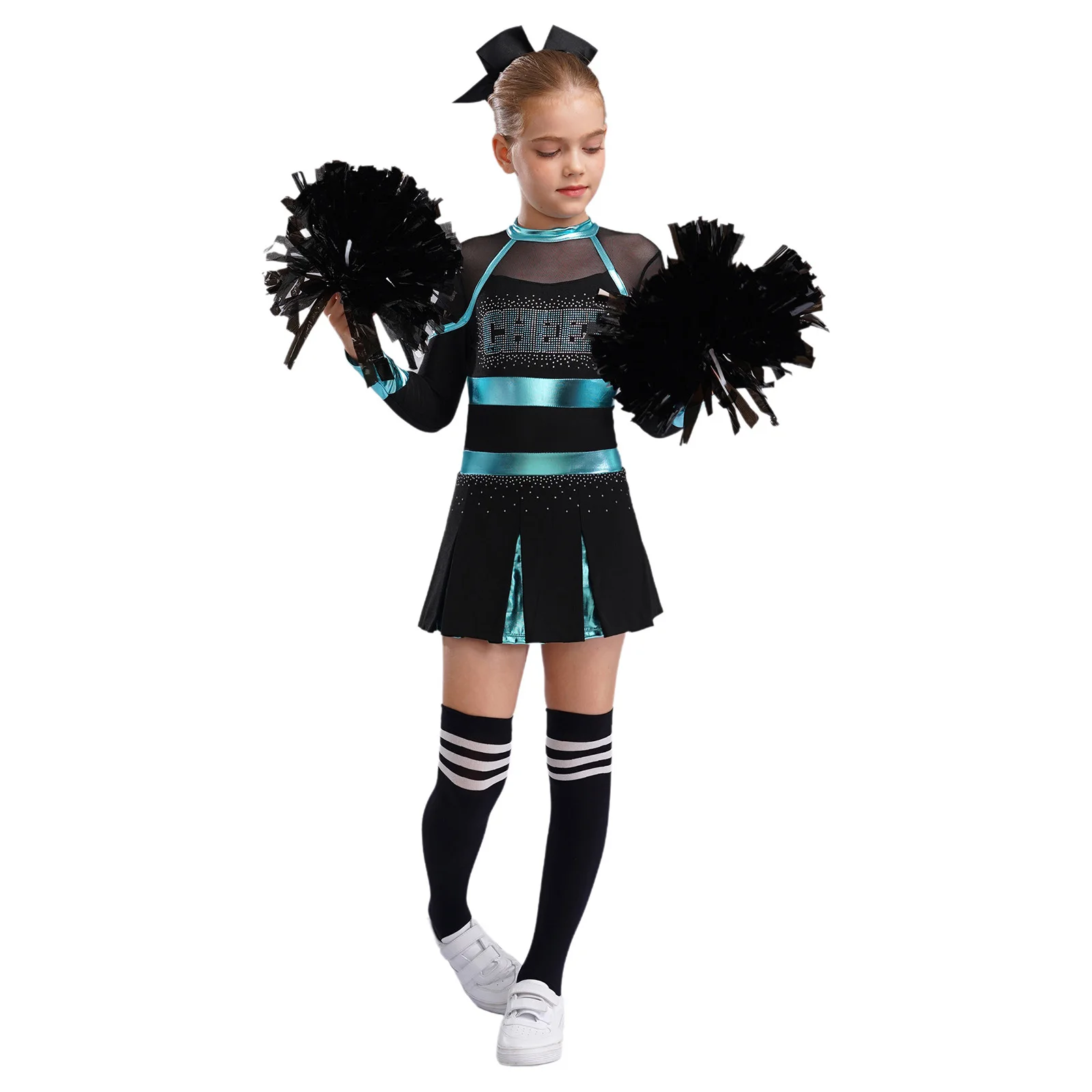 Kinder Mädchen Cheerleading Uniform Cheerleader Tanzkostüm Glitzernde Strasssteine Buchstabenmuster Metallic Langarm Plissee Kleid – Detail 31