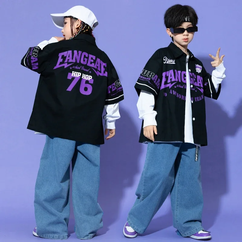 

Hip Hop Dance Clothes for Boy Girl Loose Baseball Uniform Shirt Denim Pants Jazz Performance Costume Kids Street Dance Clothing
