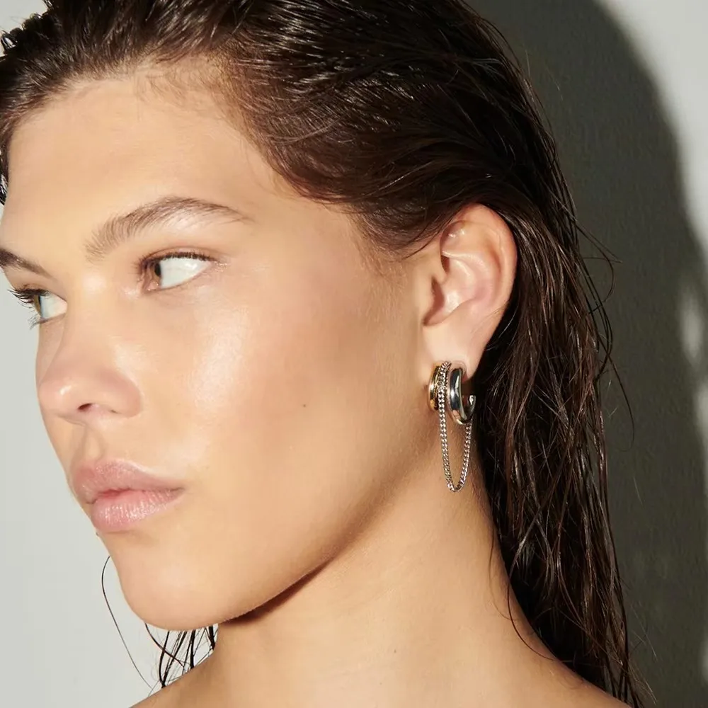 Retro Waterproof 18K Gold Plated Long Chain Zircon Hoop Earrings Two-tone Gold&silver Color PVD Round Tube O-Shaped Ear Jewelry