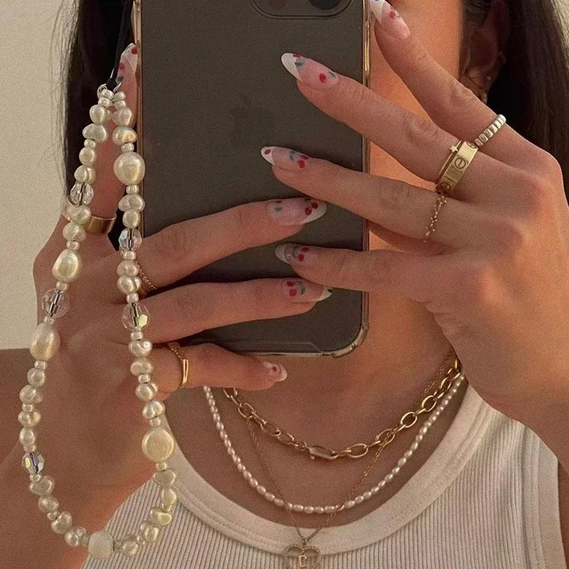 

White Pearl Phone Charm Baroque Irregular Simulated Pearl Crystal Glass Beaded Mobile Phone Chain Women Wristlet String Keychain