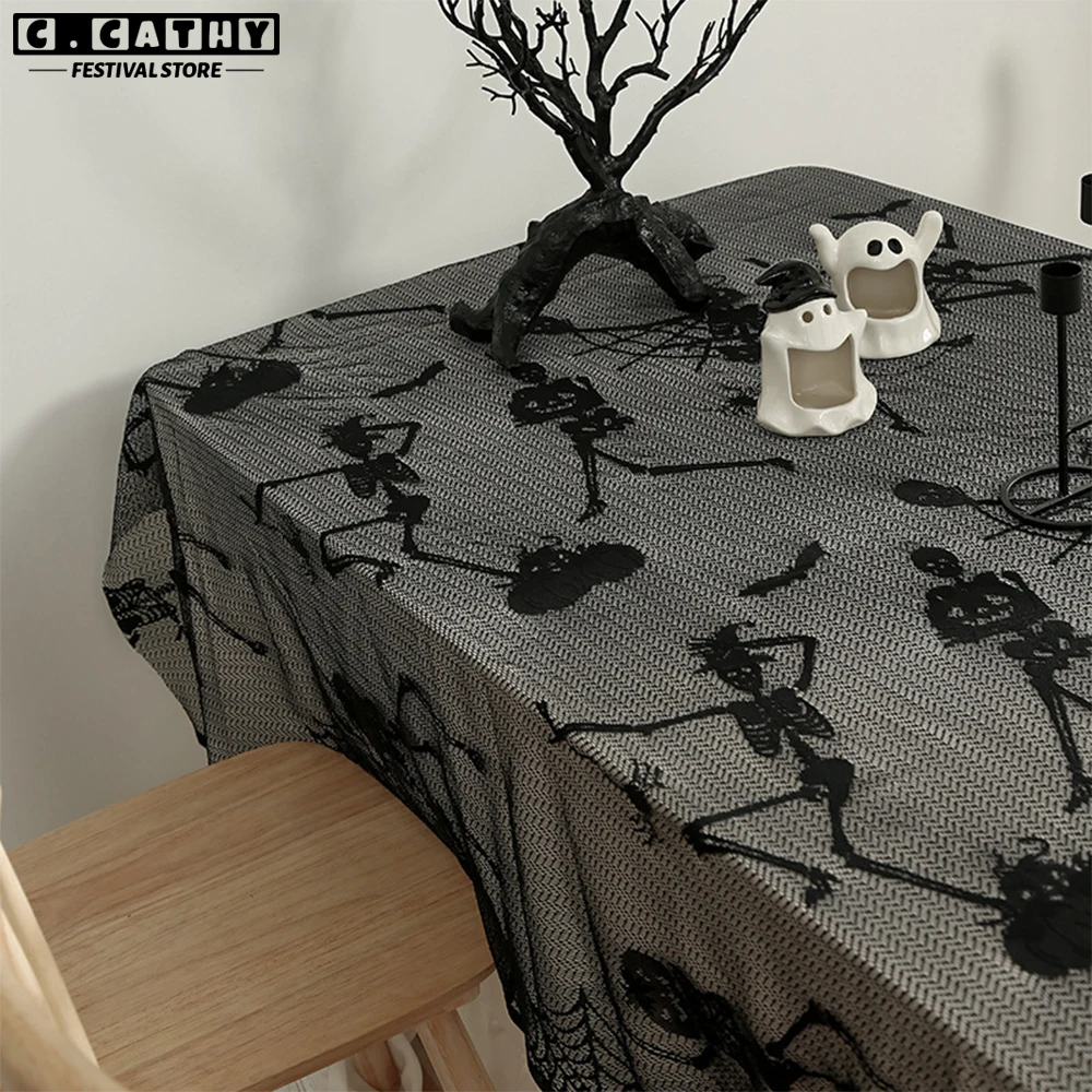 

Halloween Tablecloth Pumpkin Skull Spider Web Black Lace Table CoverCobweb Bat Party Decoration