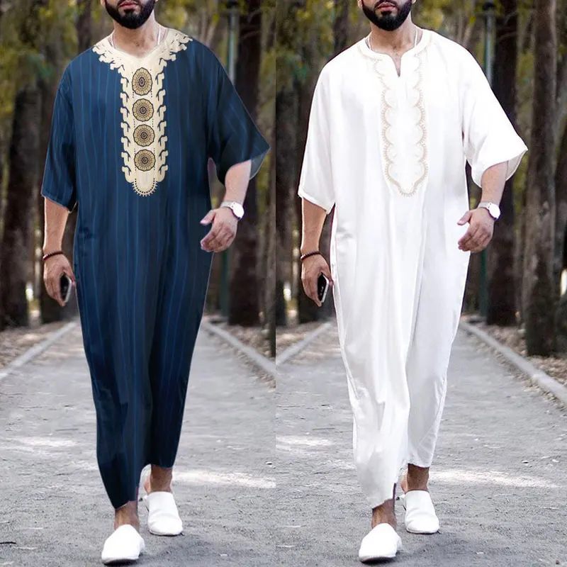 

Muslim Men White Robe Painted Islamic Kaftan Arabic Moroccan Long Sleeve Dress Dubai Turkey Jubba Thobes Casual Abayas Tunics