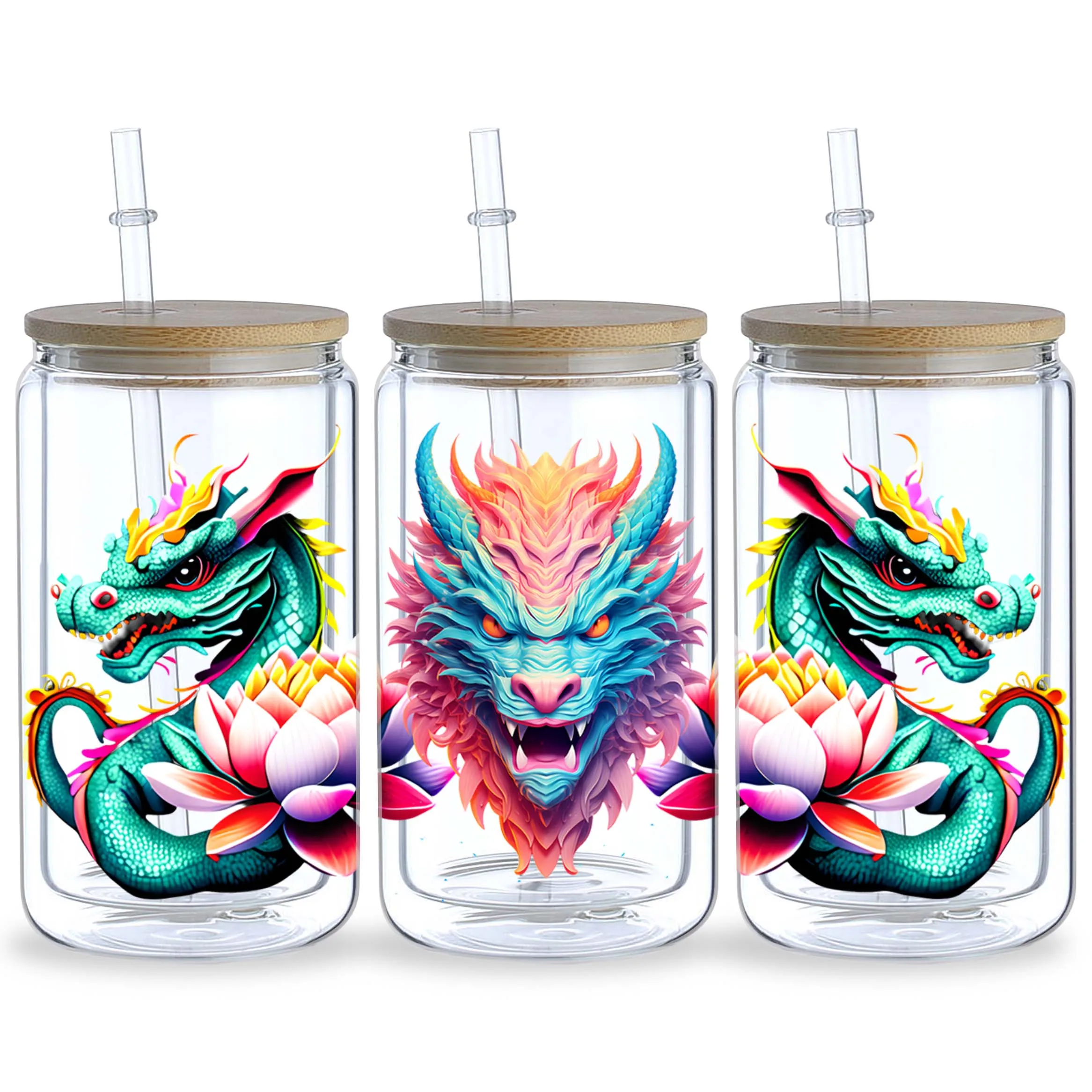 Chinese Dragon UV DTF Cup Holder 5 sheets 16 oz Dragon Head DTF Cup Holder Transfer Glass Water Bottle Waterproof Sticker