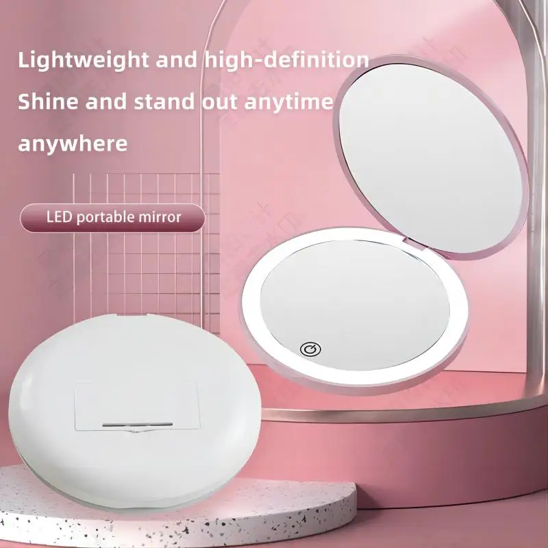 

Personalized Small LED Light Cosmetic 2 Side Folding Makeup Compact Pocket Mirror Women Luminous Effect Pink White Mini Mirror