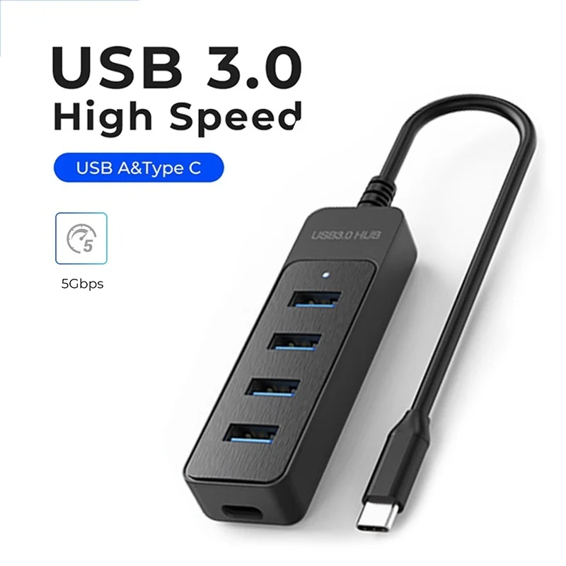 Enhanced High-Speed Multi-Port USB Hub with Type C Adapter for Laptops and Computers