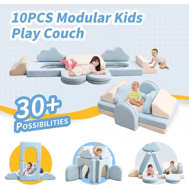 Modular Kids Play Couch 10PCS Kids Modular Couch Colorblocked Corduroy Modular Kids Couch Modular Couch Kids (Beige, Light Blue) 6