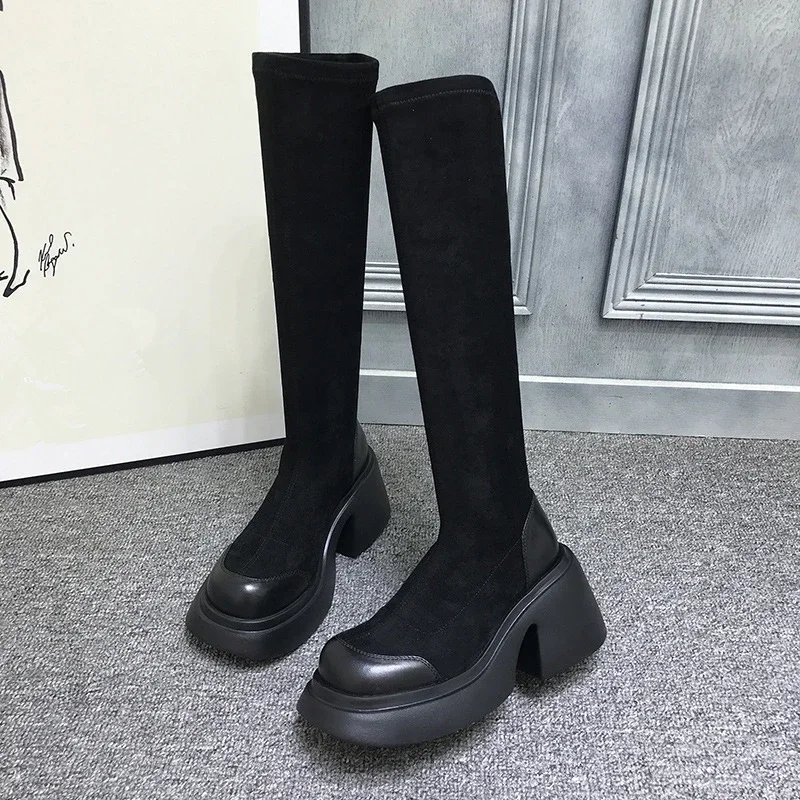 New Women Boots Platform Knee High Shoes Sexy Heels Shoes Autumn Winter Ladies Fashion Designer Boots Punk Long Faux Suede Botas